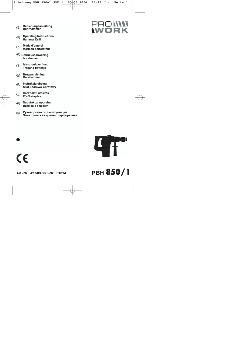 Page 1 of the manual User Manual Prowork PBH 850/1