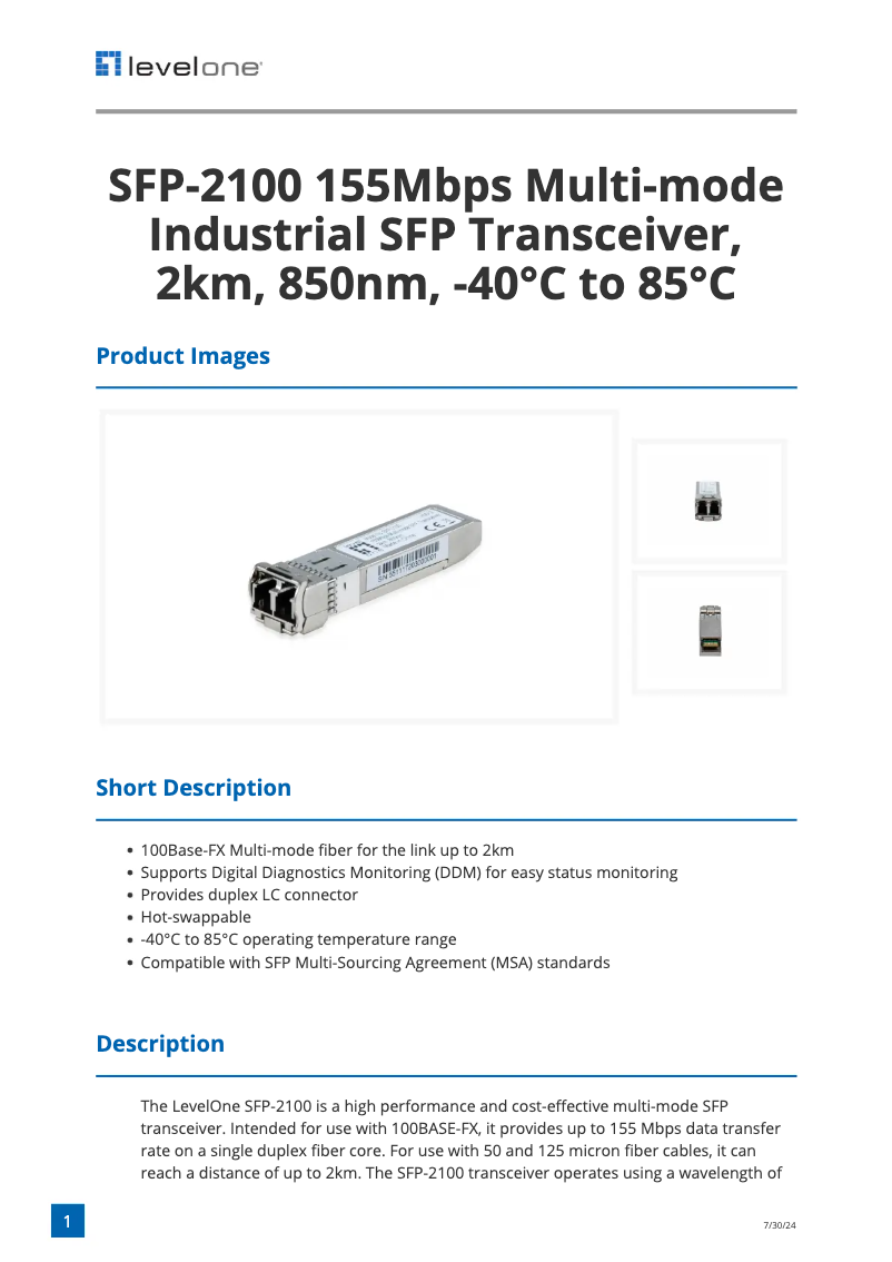 Page 1 of the manual Technical Sheet LevelOne SFP-2100