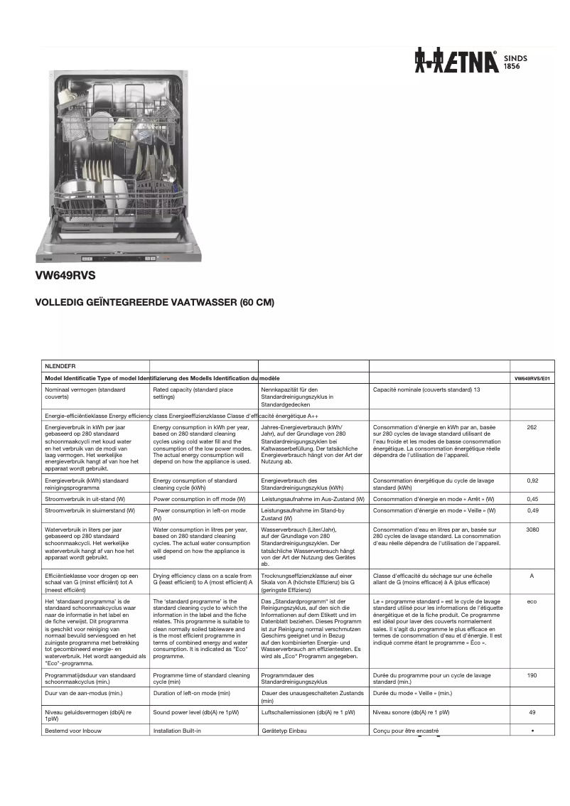Page 1 of the manual Technical Sheet Etna VW649RVS