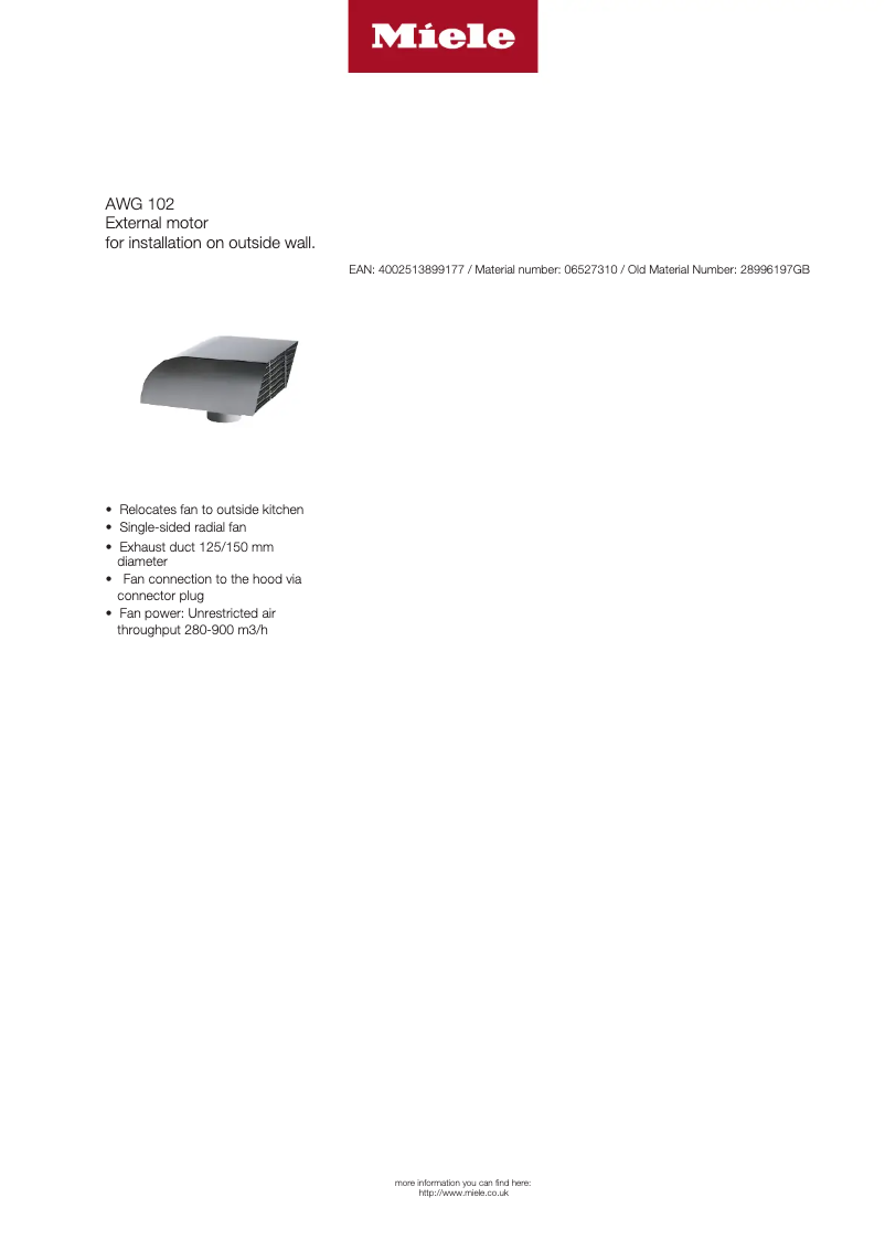Page 1 of the manual Technical Sheet Miele AWG 102
