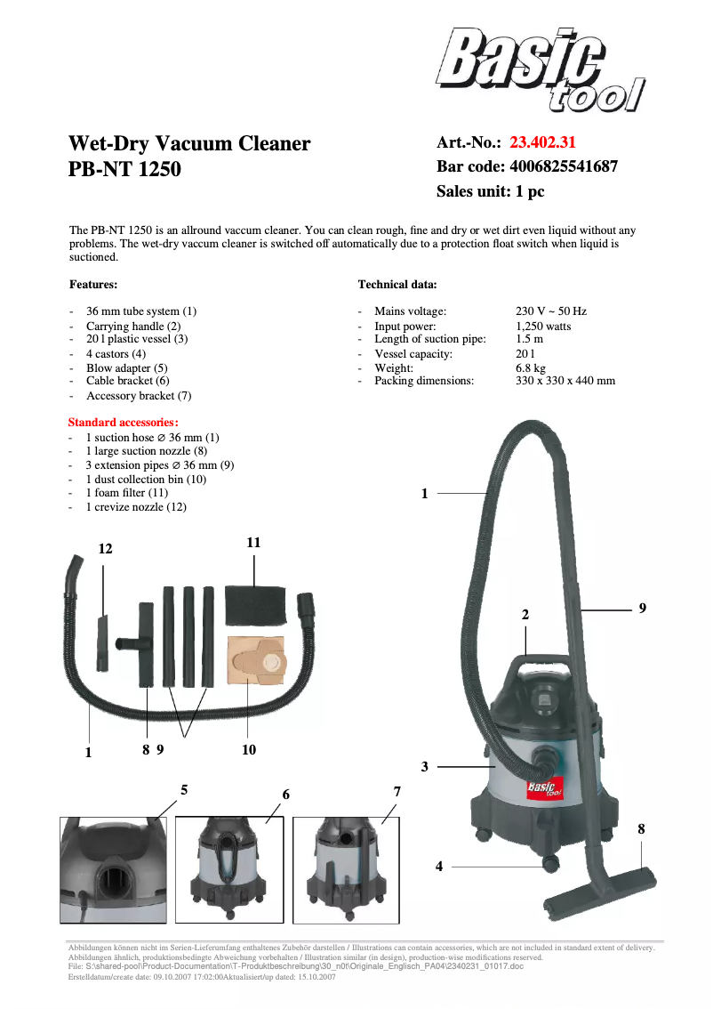 First page image of the manual for PB-NT 1250