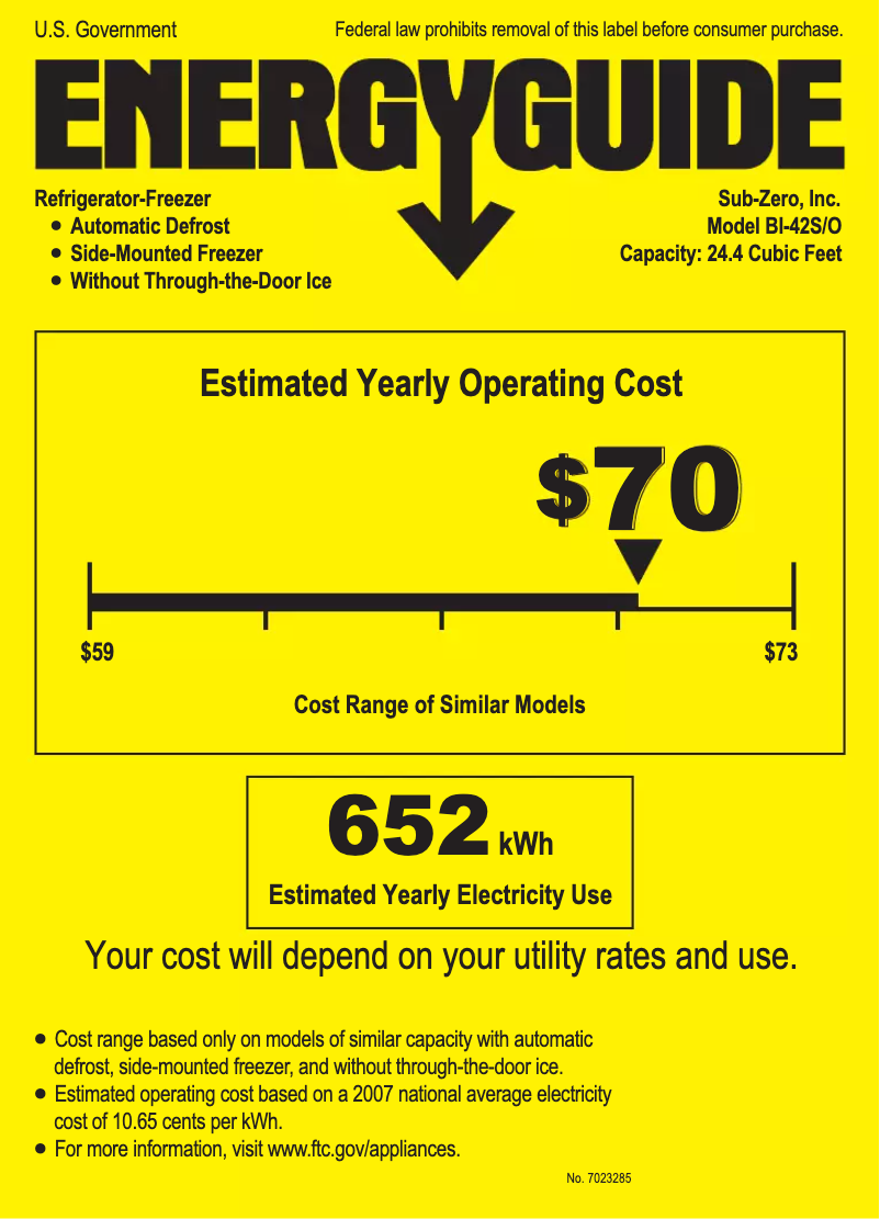 Page 1 of the manual Energy Label Sub-Zero BI-42S/S/TH