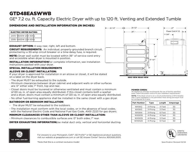 Page 1 of the manual Technical Sheet GE GTD48EASWWB