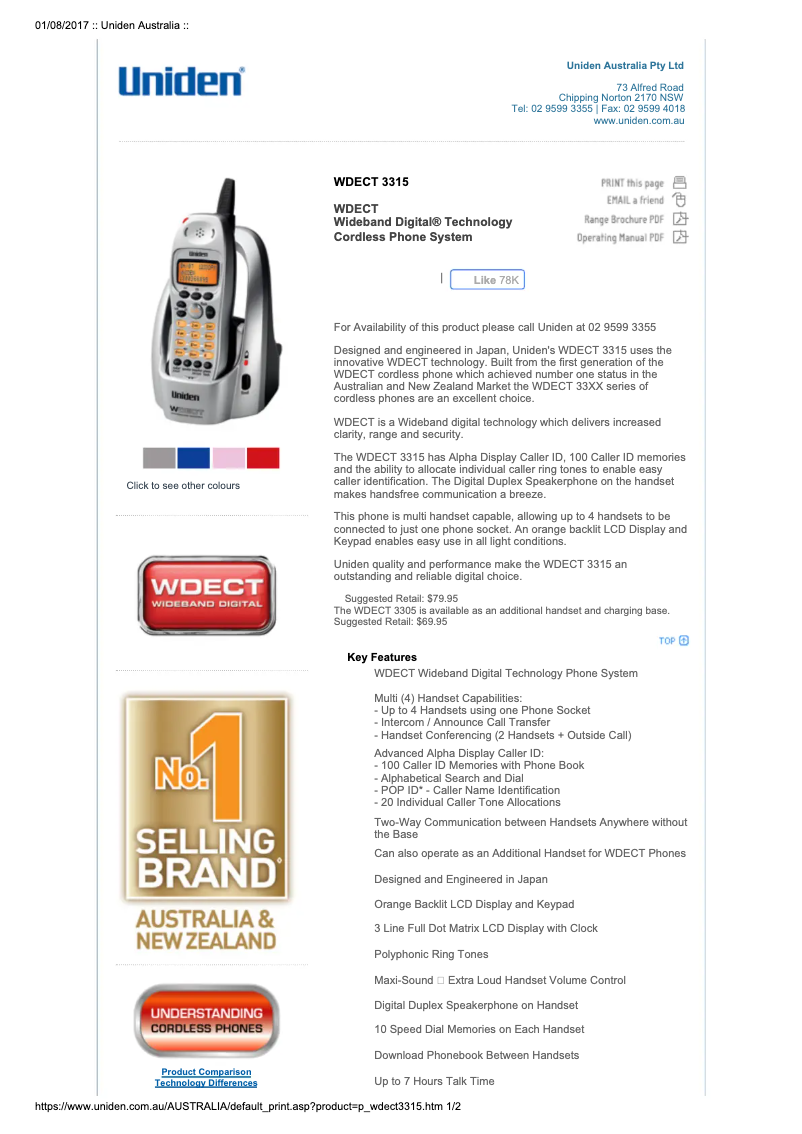 Page 1 of the manual Technical Sheet Uniden WDECT 3315