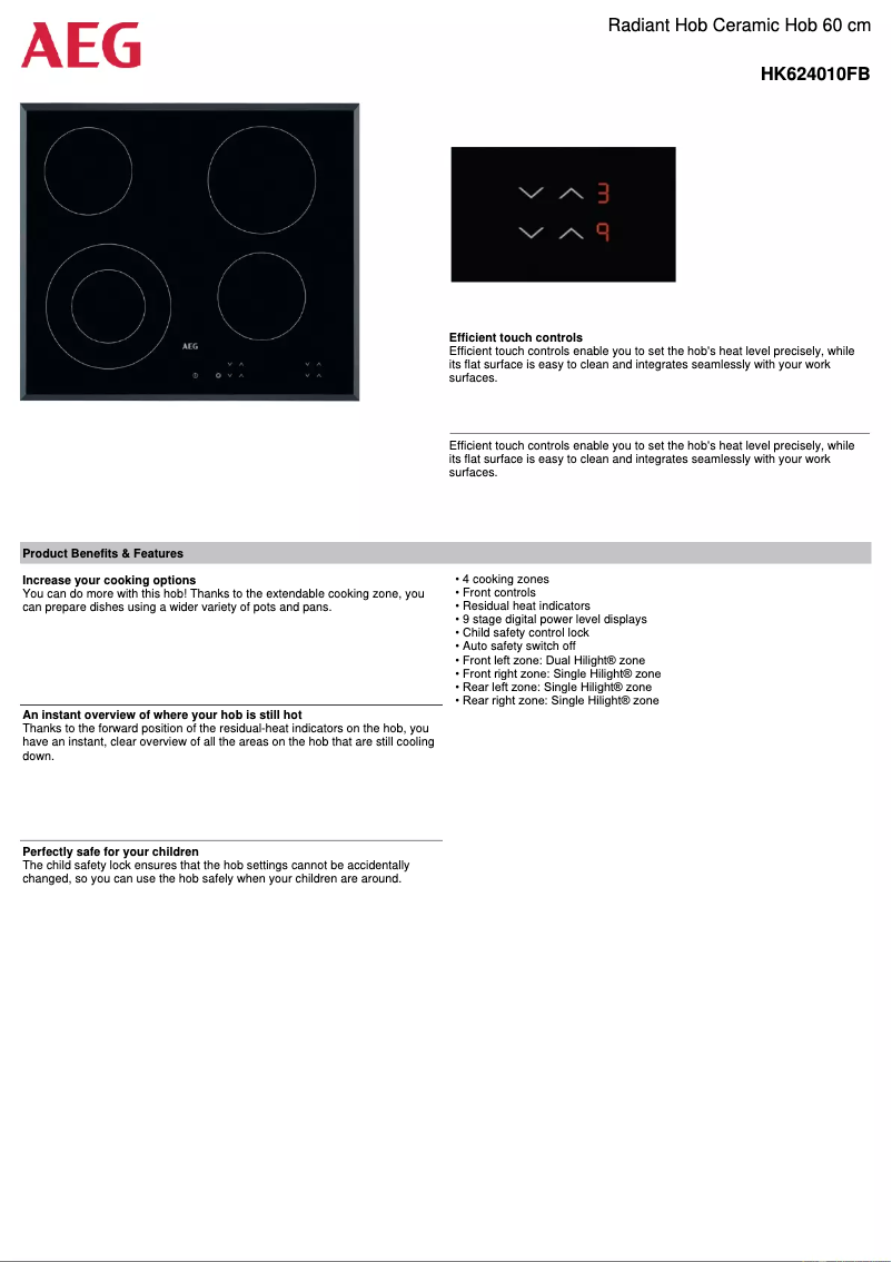 Page 1 of the manual Technical Sheet AEG HK624010FB