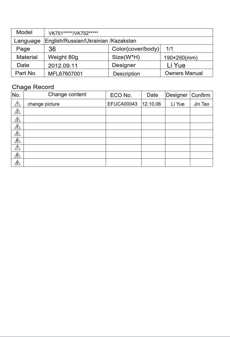 First page image of the manual for VK75102HY