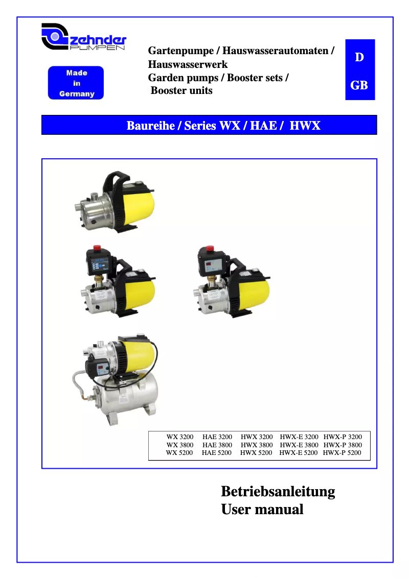 Page 1 of the manual User Manual Zehnder Pumpen WX 3200