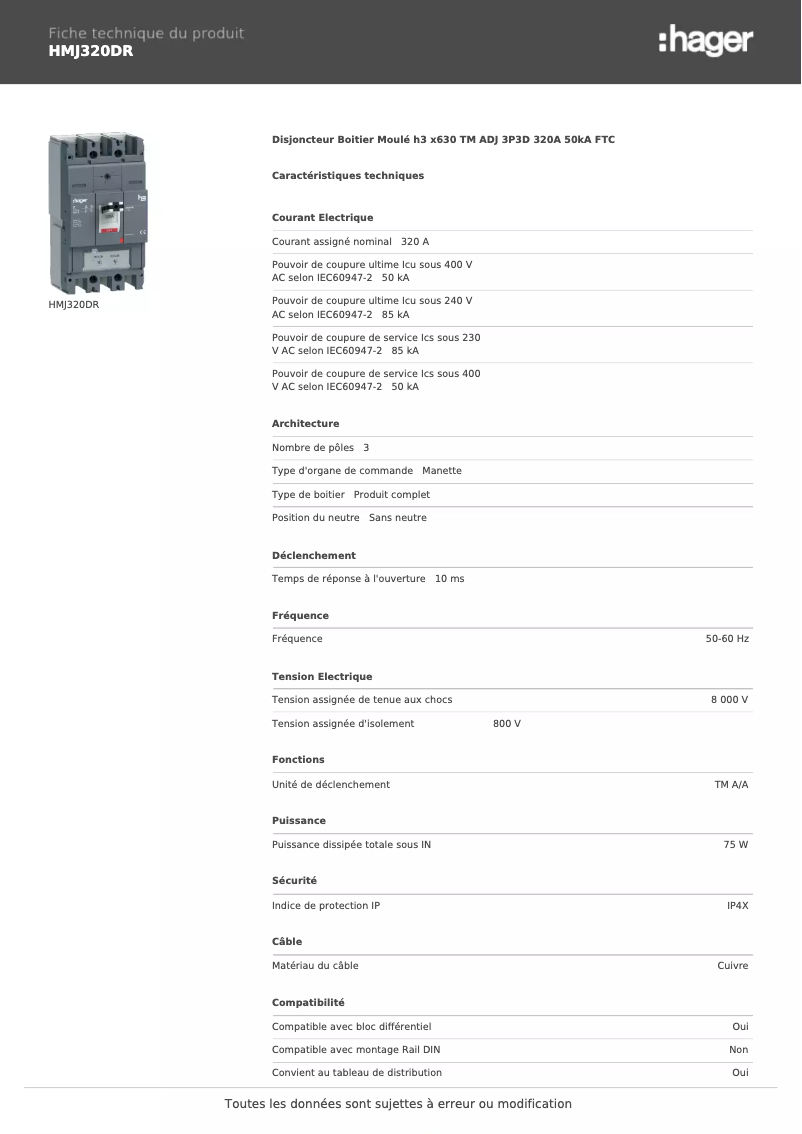 Page 1 of the manual Technical Sheet Hager HMJ320DR
