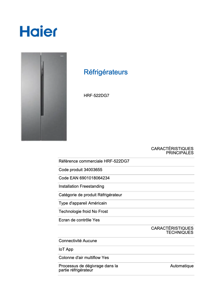 Page 1 of the manual Technical Sheet Haier HRF-522DG7