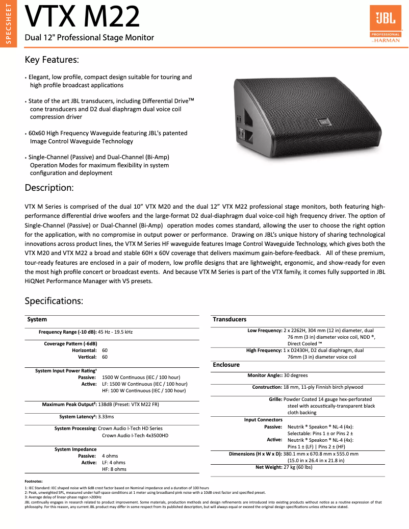 Page 1 of the manual Technical Sheet JBL VTX M22