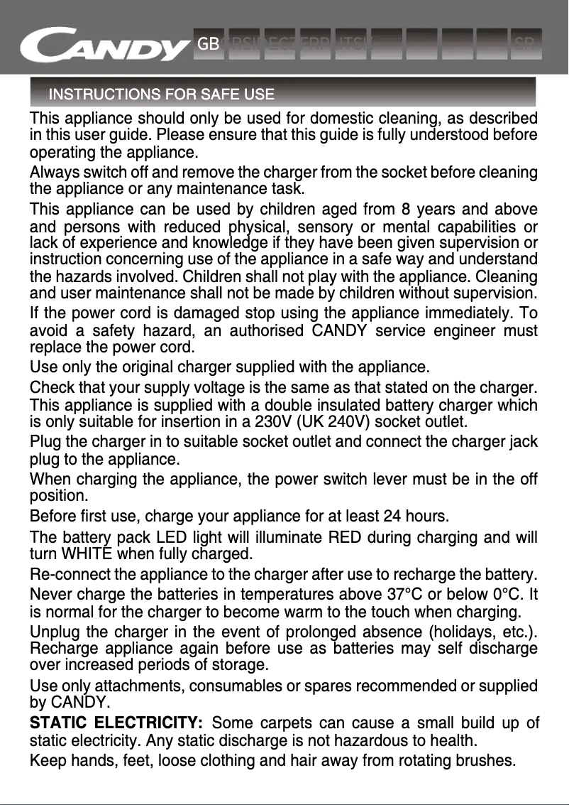 Page 1 of the manual User Manual Candy CVIVA10 011