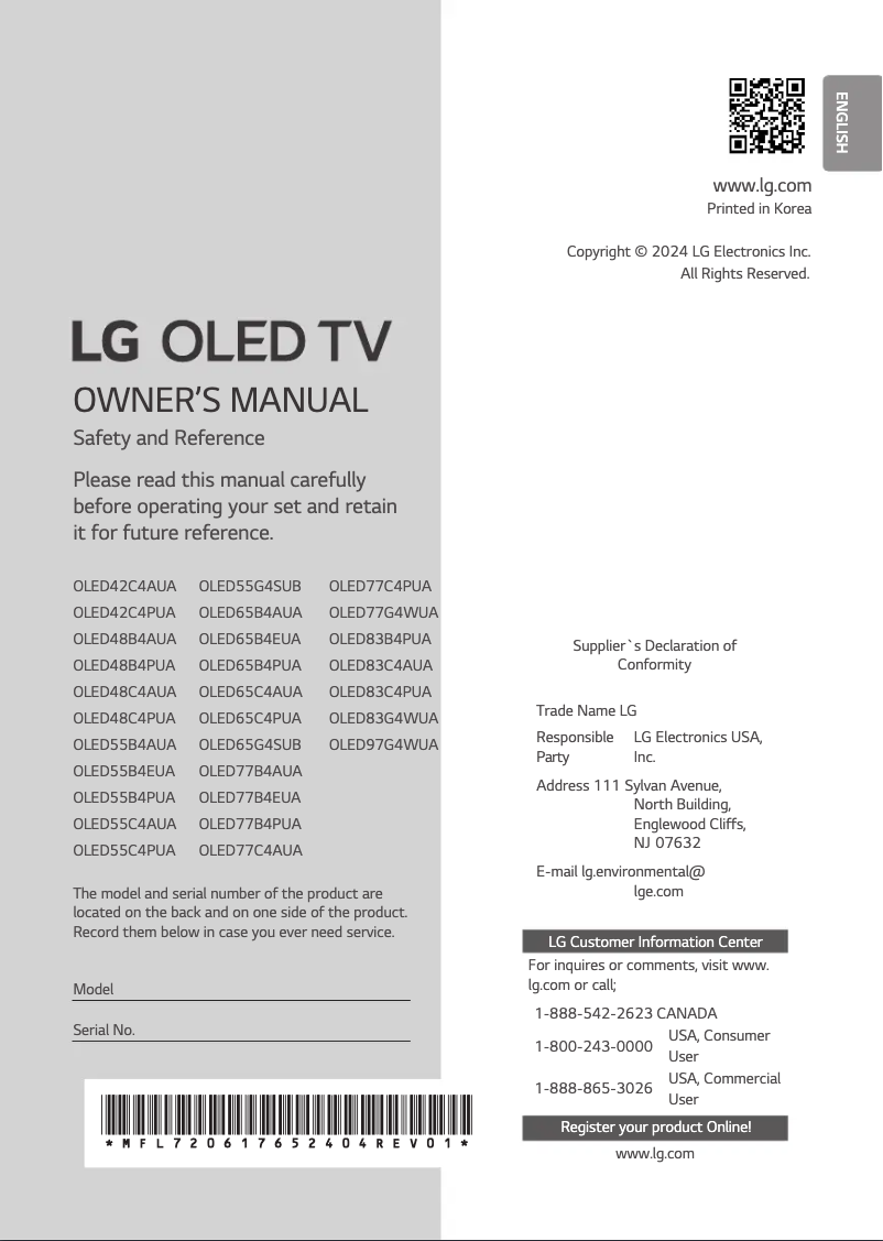 First page image of the manual for OLED65G4SUB