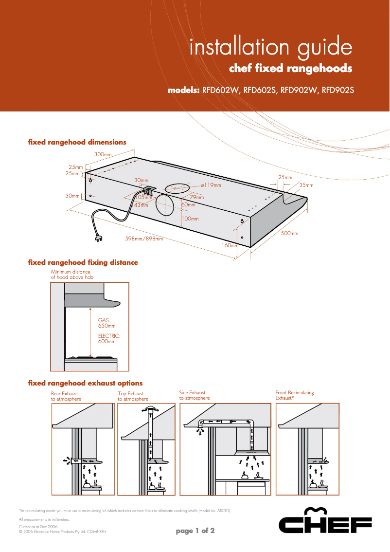 Page 1 of the manual Installation Guide Chef RFD602W