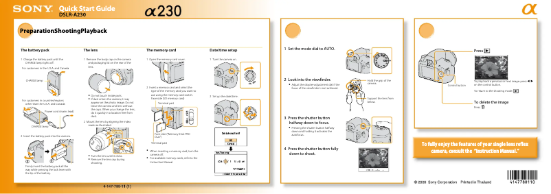 Page 1 of the manual Installation Guide Sony Alpha DSLR-A230