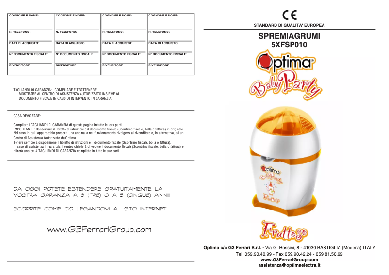 Page 1 of the manual User Manual Optima Fruttoso