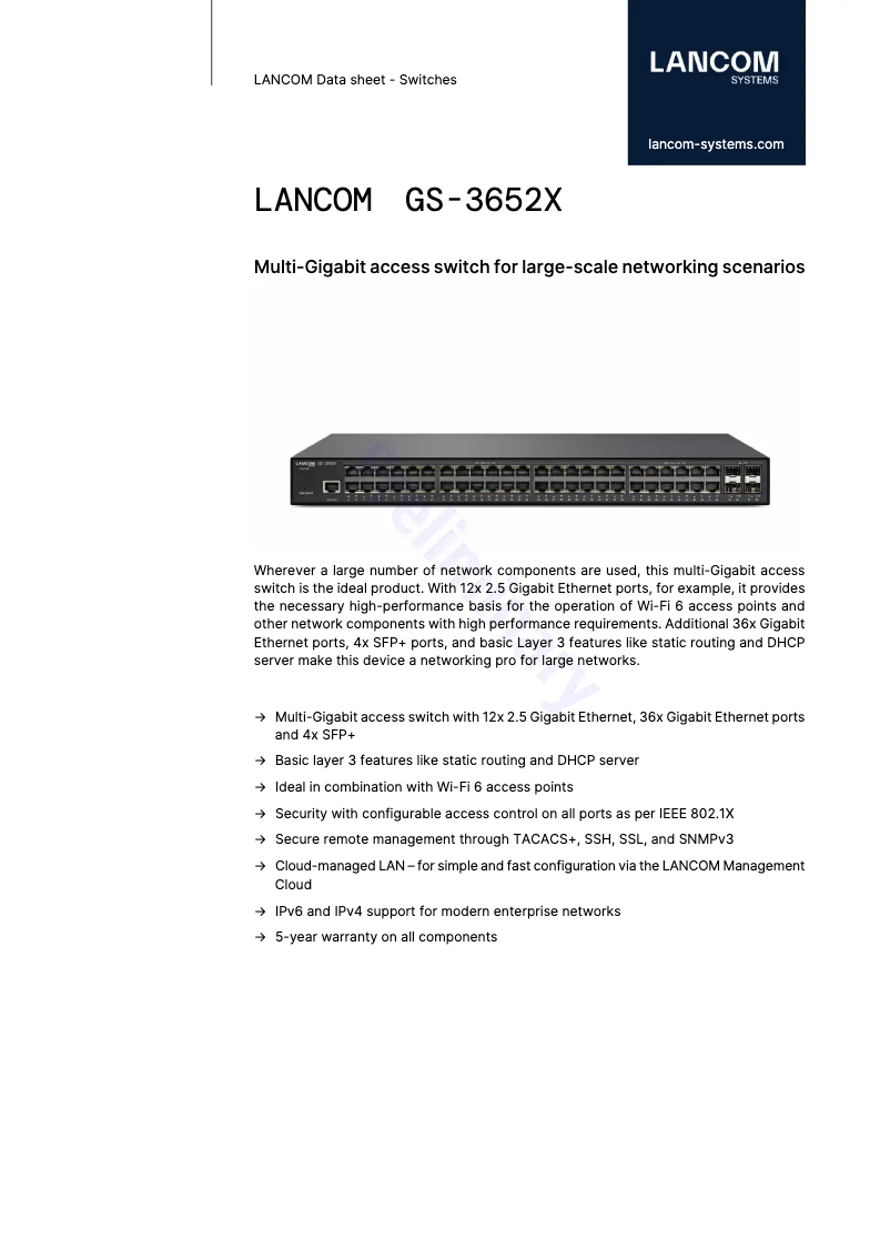 Page 1 de la notice Fiche technique Lancom GS-3652X