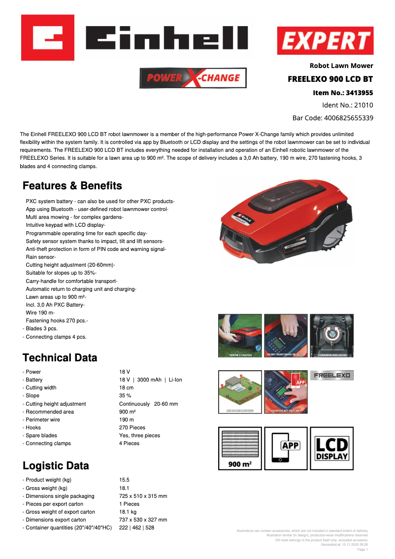 Page 1 of the manual Technical Sheet Einhell FREELEXO 900 LCD BT