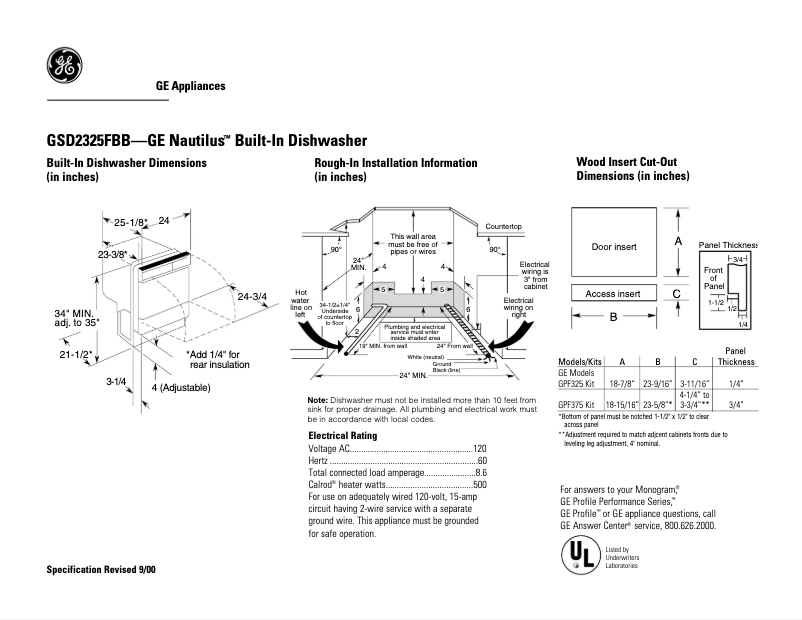 Page 1 of the manual Technical Sheet GE GSD2325FBB