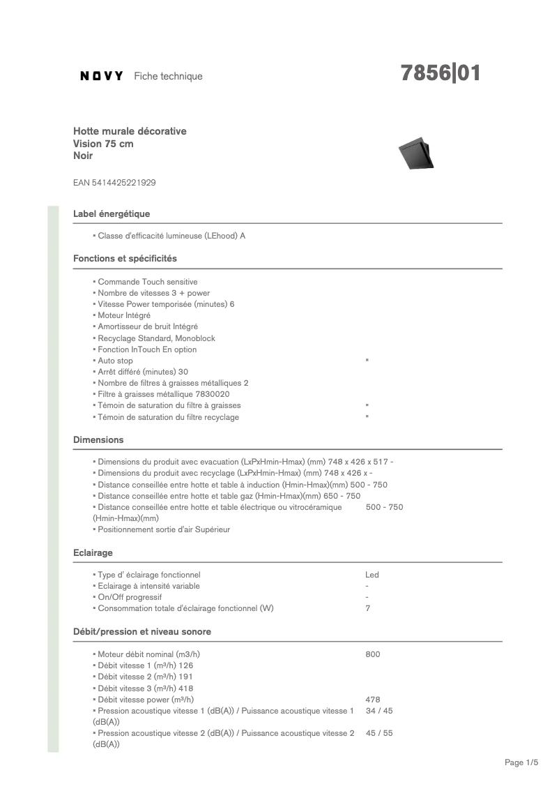 Page 1 of the manual Technical Sheet Novy Vision 7856