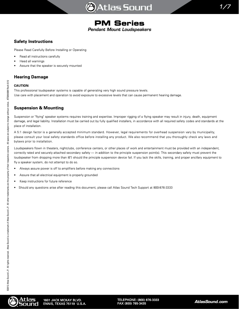 Page 1 of the manual Installation Guide Atlas Sound PM4FA-B