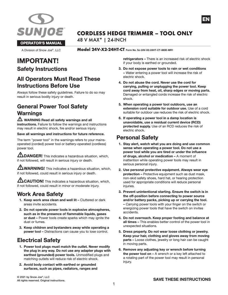 Page 1 of the manual User Manual Sun Joe 24V-X2-24HT-CT