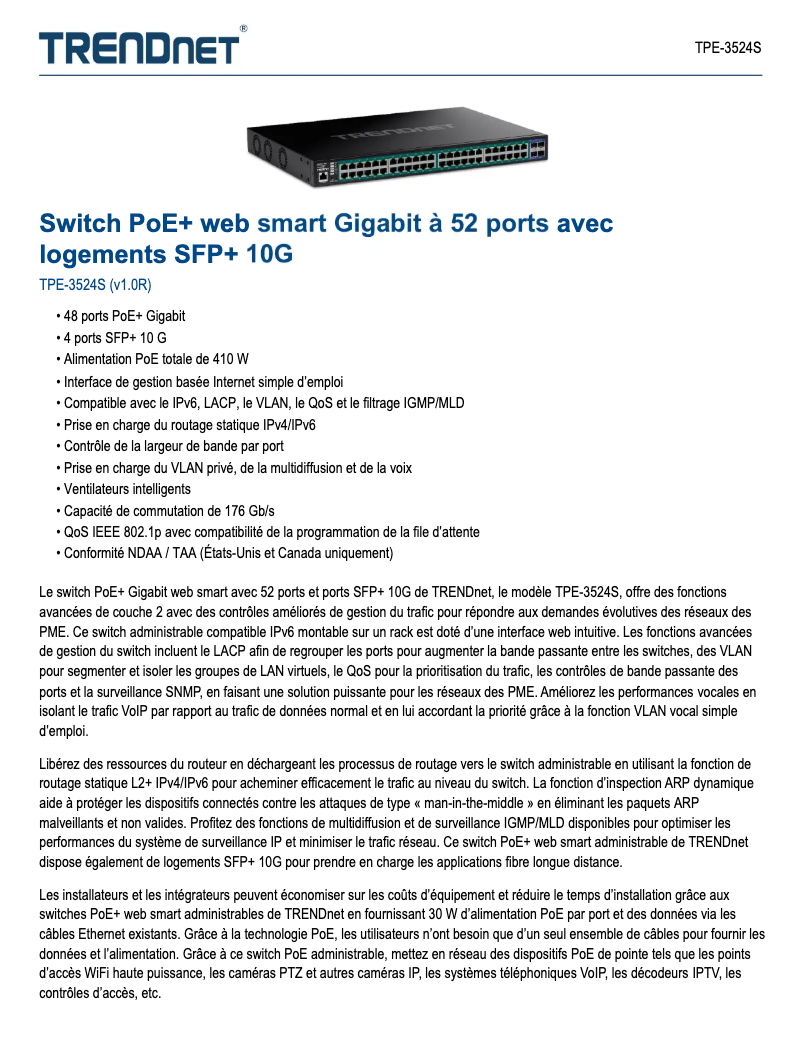 Page 1 of the manual Technical Sheet TRENDnet TPE-3524S