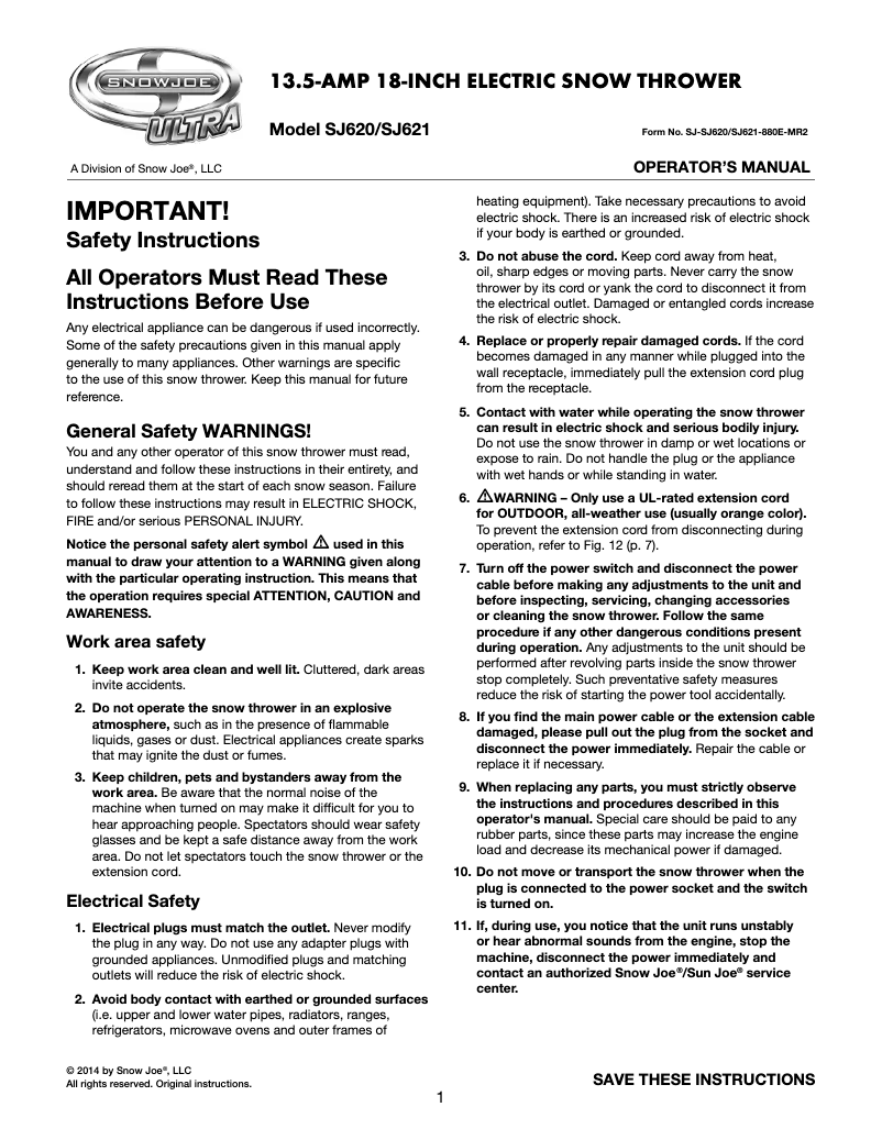 Page 1 of the manual User Manual Snow Joe Ultra 18-Inch 13.5-Amp