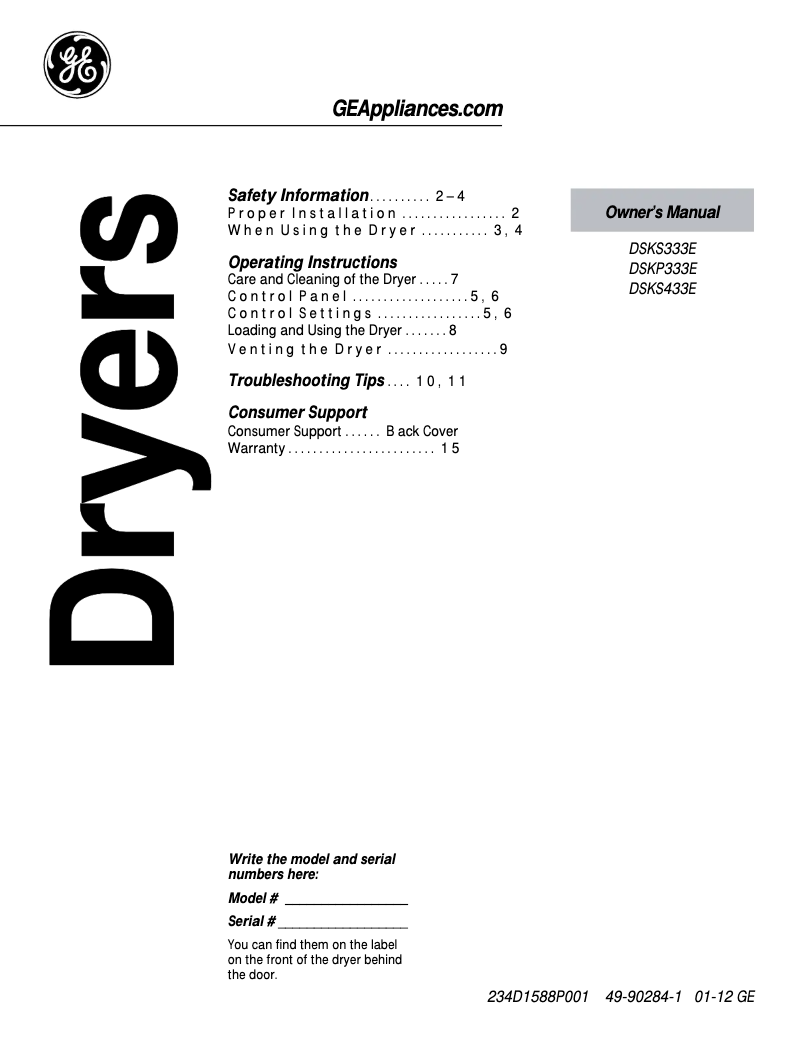 Page 1 of the manual Instruction Manual GE Spacemaker DSKP333ECWW