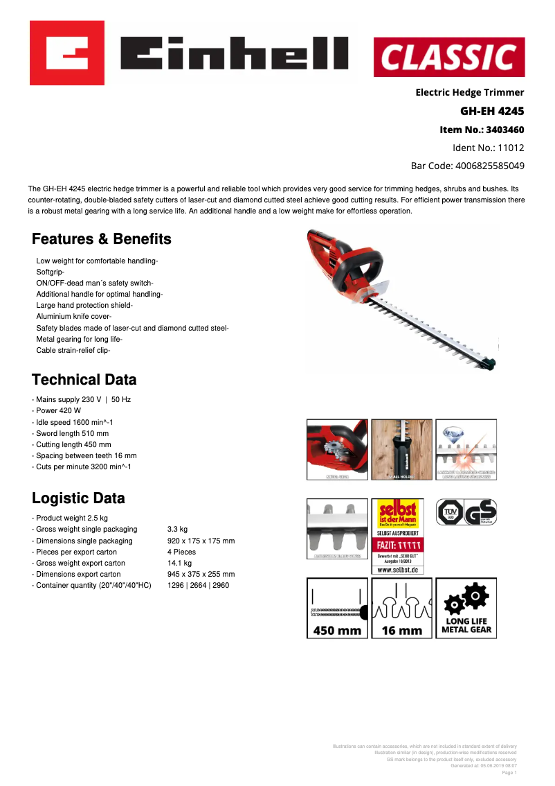 First page image of the manual for GH-EH 4245