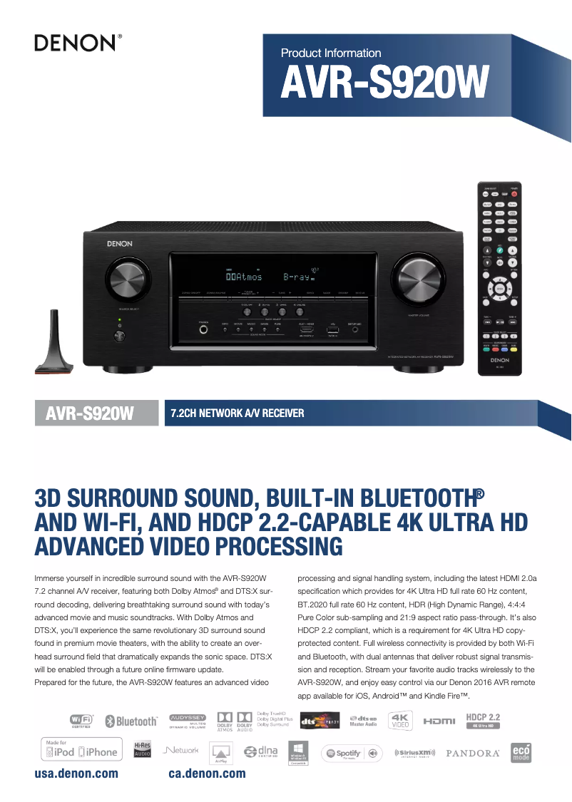 First page image of the manual for AVR-S920W