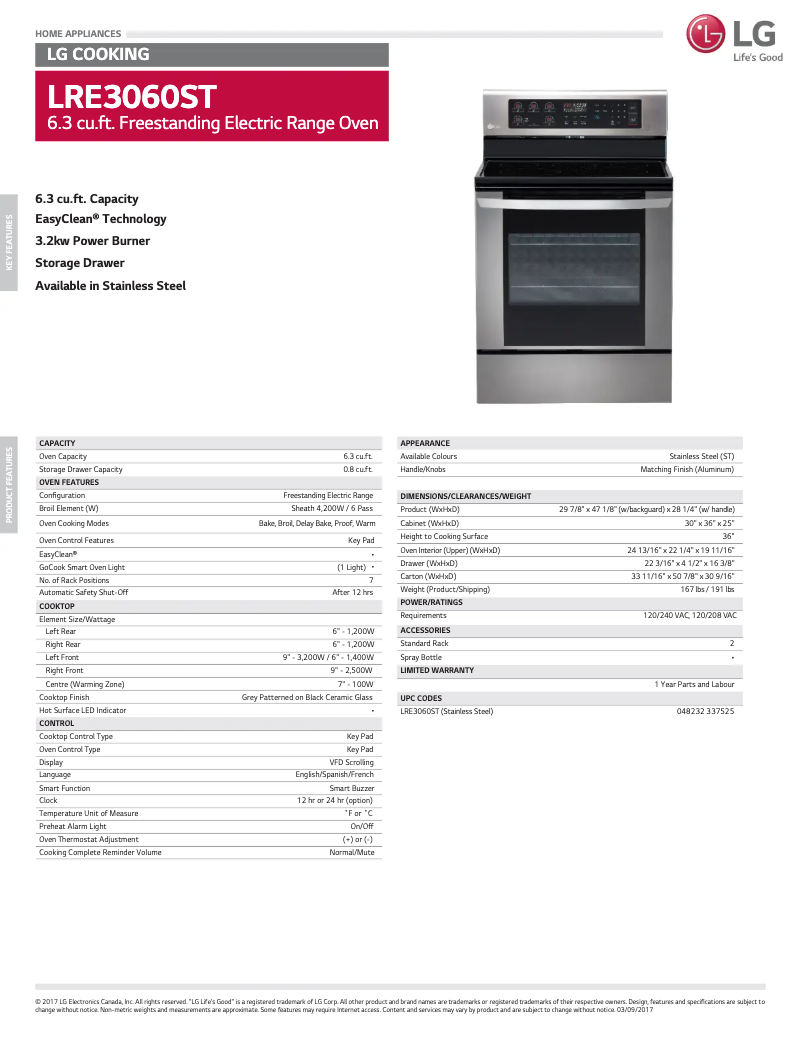 Page 1 of the manual Technical Sheet LG LRE3060ST