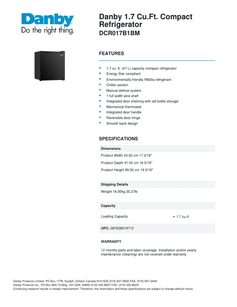 Page 1 of the manual Technical Sheet Danby DCR017B1BM