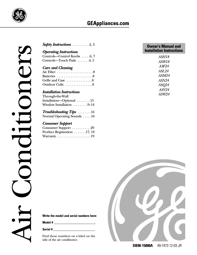 First page image of the manual for ASH18DD