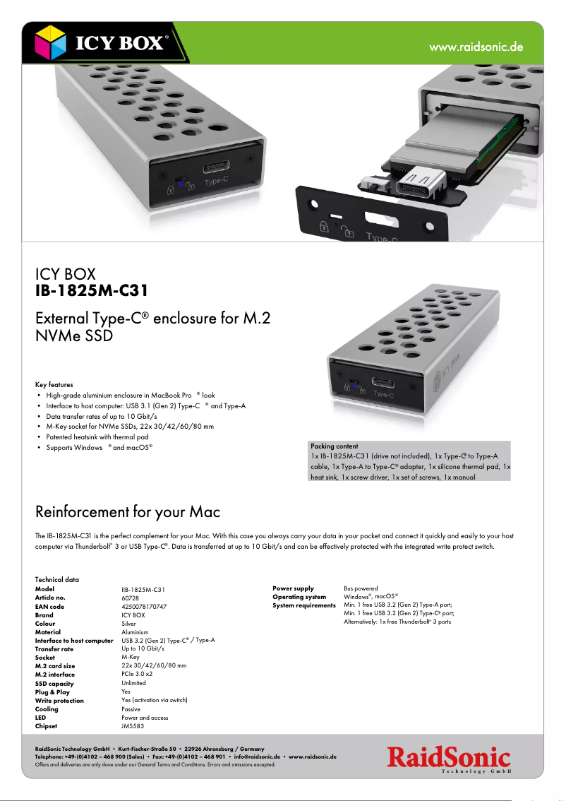 Page 1 of the manual Technical Sheet Icy Box IB-1825M-C31
