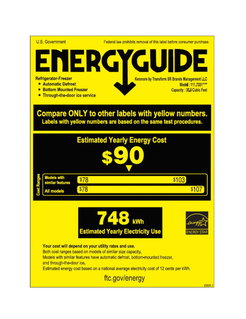 Page 1 of the manual Energy Label Kenmore 73315