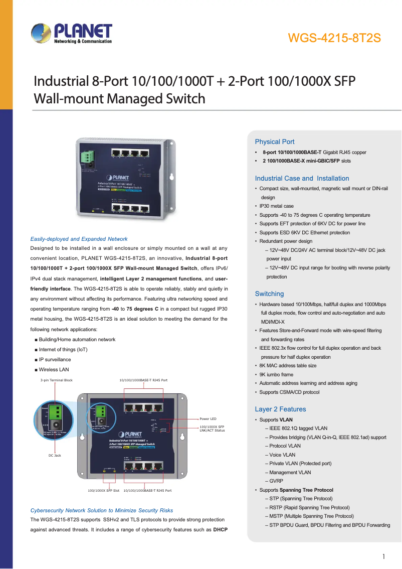 Page 1 of the manual Technical Sheet Planet WGS-4215-8T2S