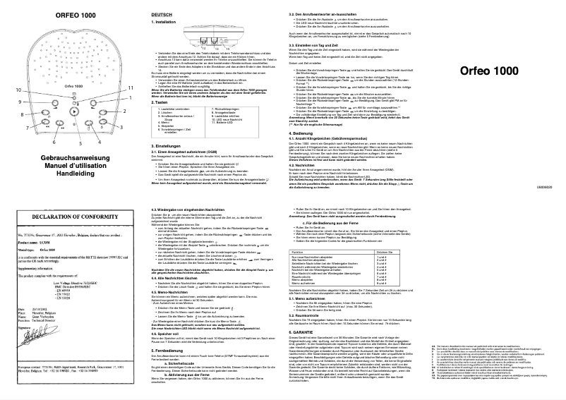 Page 1 of the manual User Manual Topcom Orfeo 1000