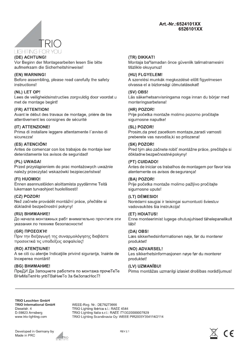 Page 1 of the manual User Manual Trio Lighting Aura 652410131