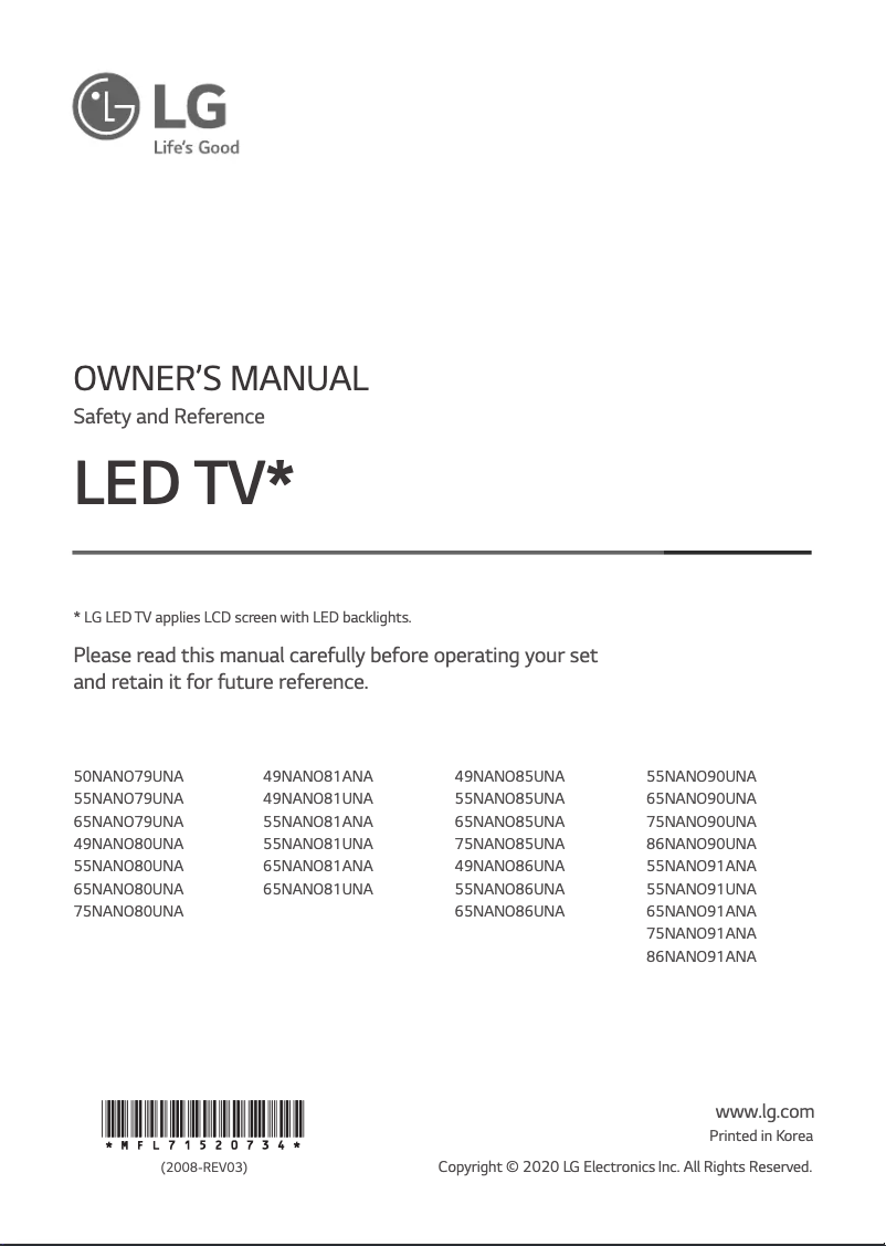 First page image of the manual for 55NANO91UNA