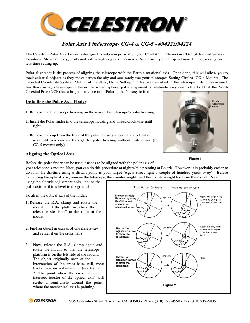 Page 1 of the manual User Manual Celestron Polar Axis Finderscope