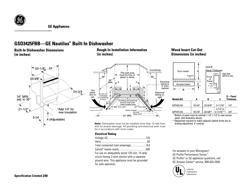 Page 1 of the manual Technical Sheet GE GSD3425FBB