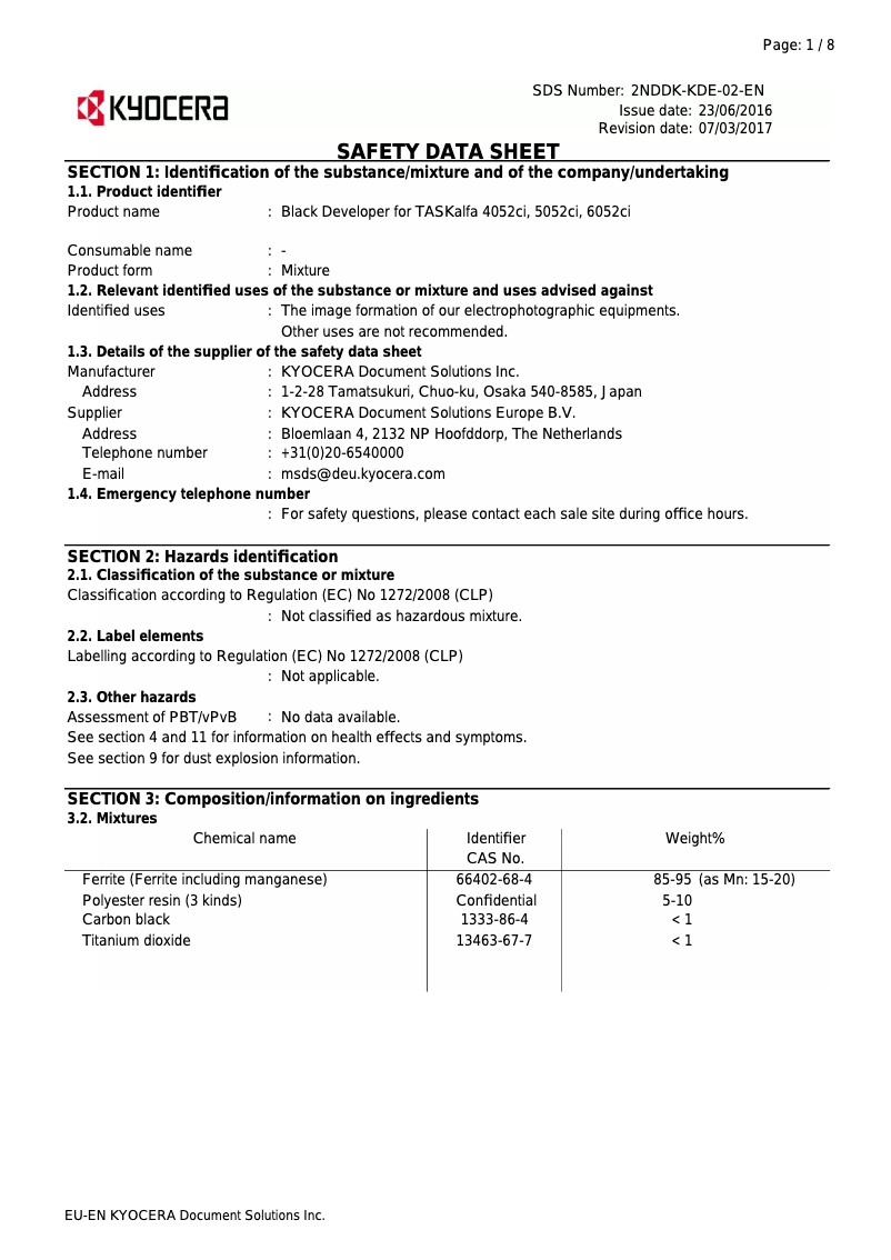 Page 1 of the manual Safety Instructions Kyocera TASKalfa 6052CI