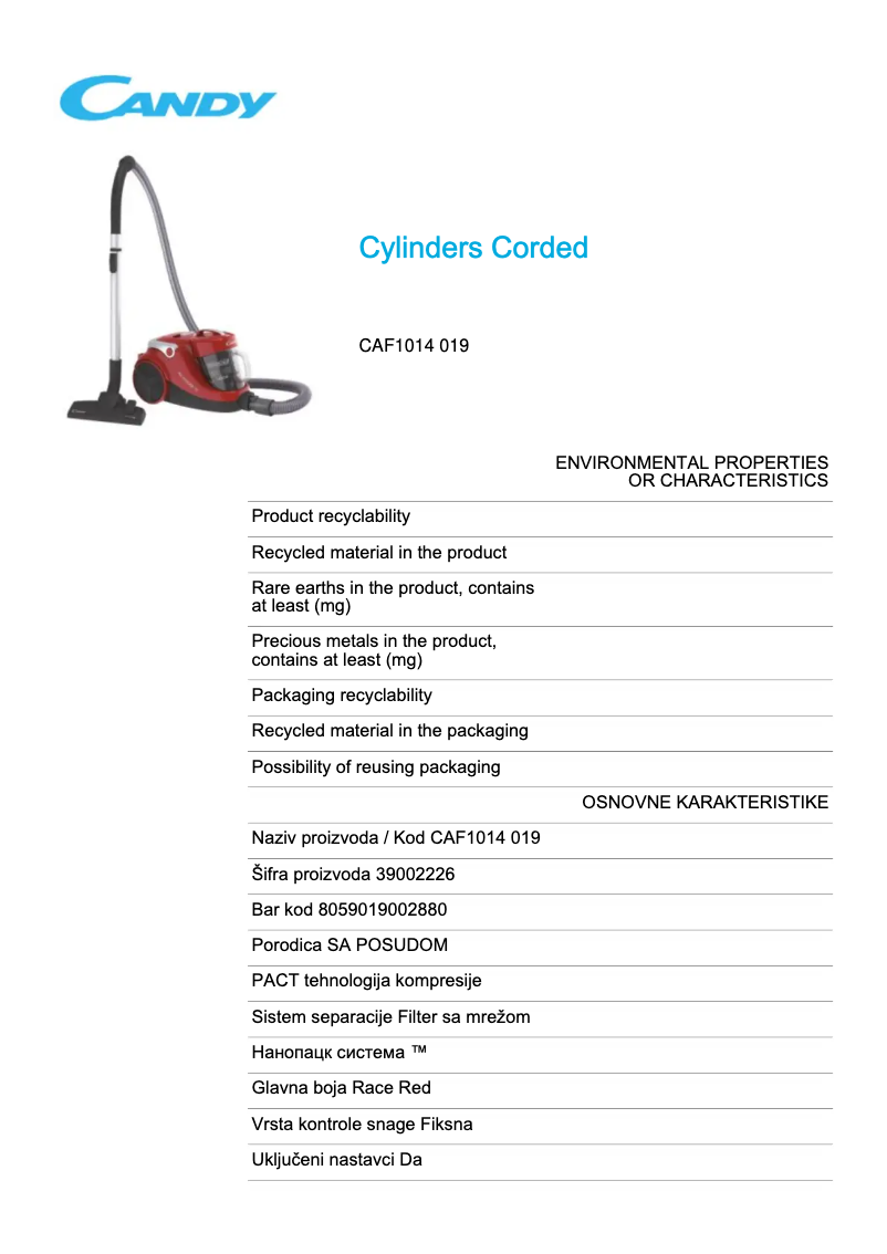 Page 1 of the manual Technical Sheet Candy CAF1014 019