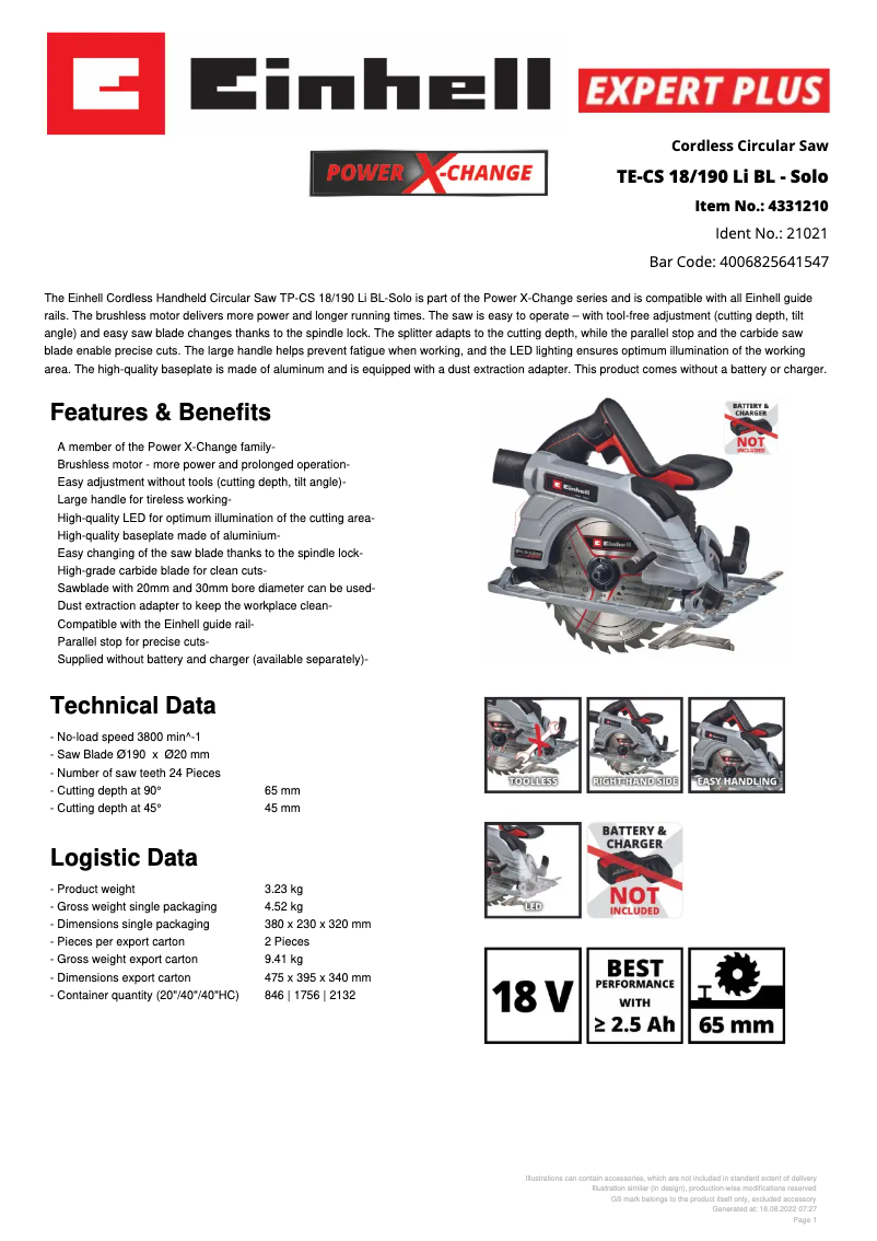 Page 1 of the manual Technical Sheet Einhell TP-CS 18/190 Li BL