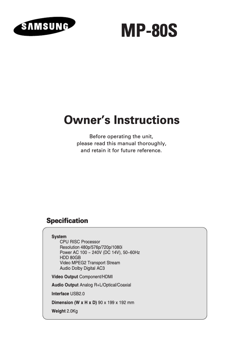 Page 1 of the manual User Manual Samsung MP-80SA12M