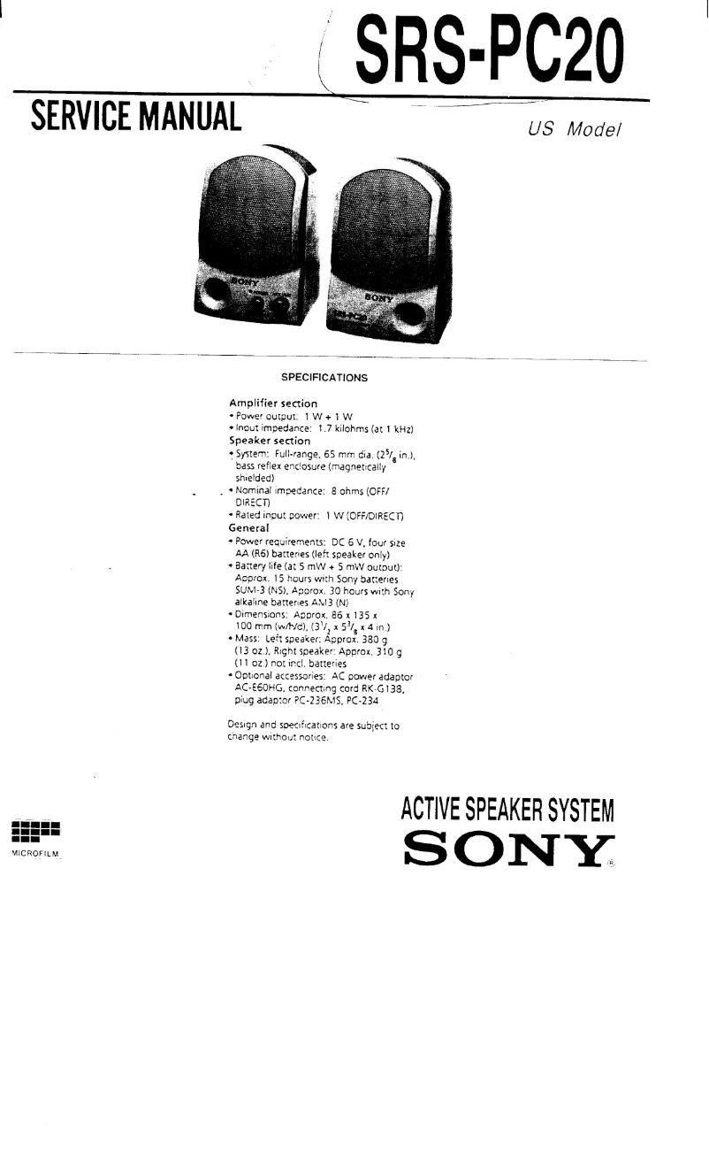 First page image of the manual for SRS-PC20