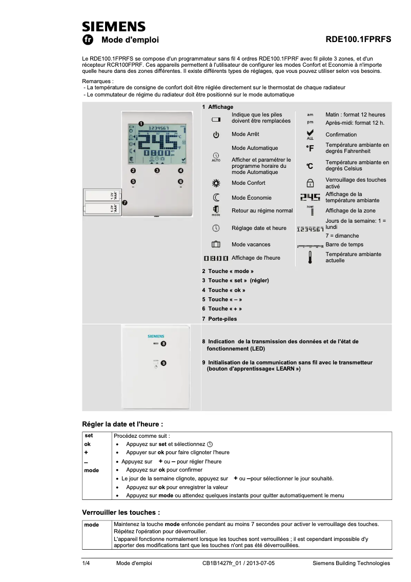 Page 1 of the manual User Manual Siemens RDE100.1FPRFS