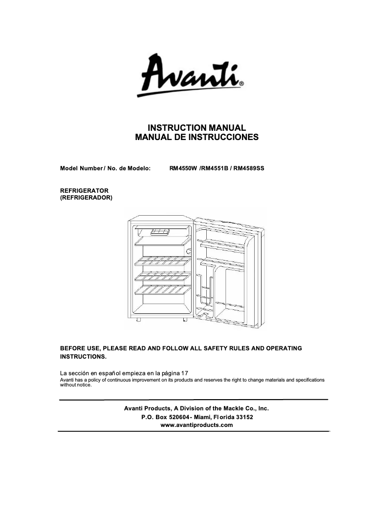 Page 1 of the manual User Manual Avanti RM4550W