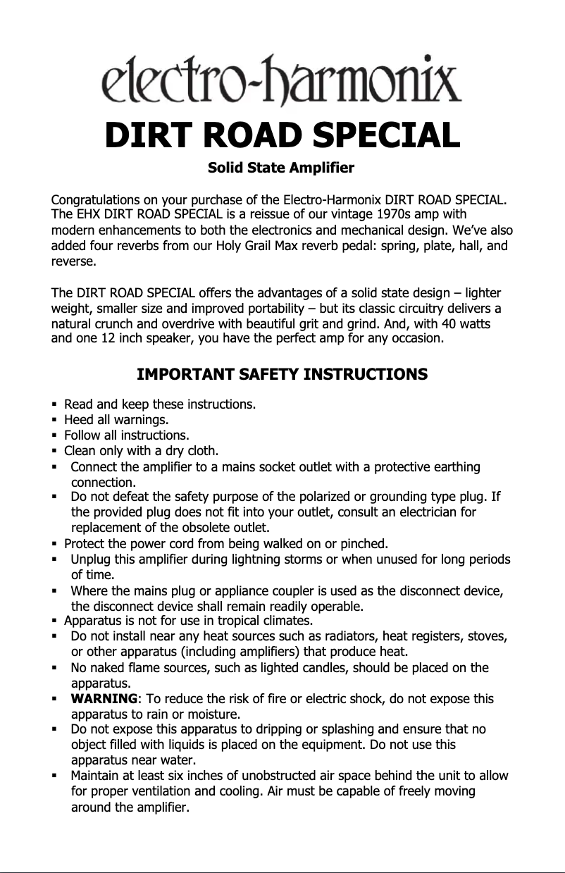Page 1 de la notice Manuel utilisateur Electro Harmonix Dirt Road Special