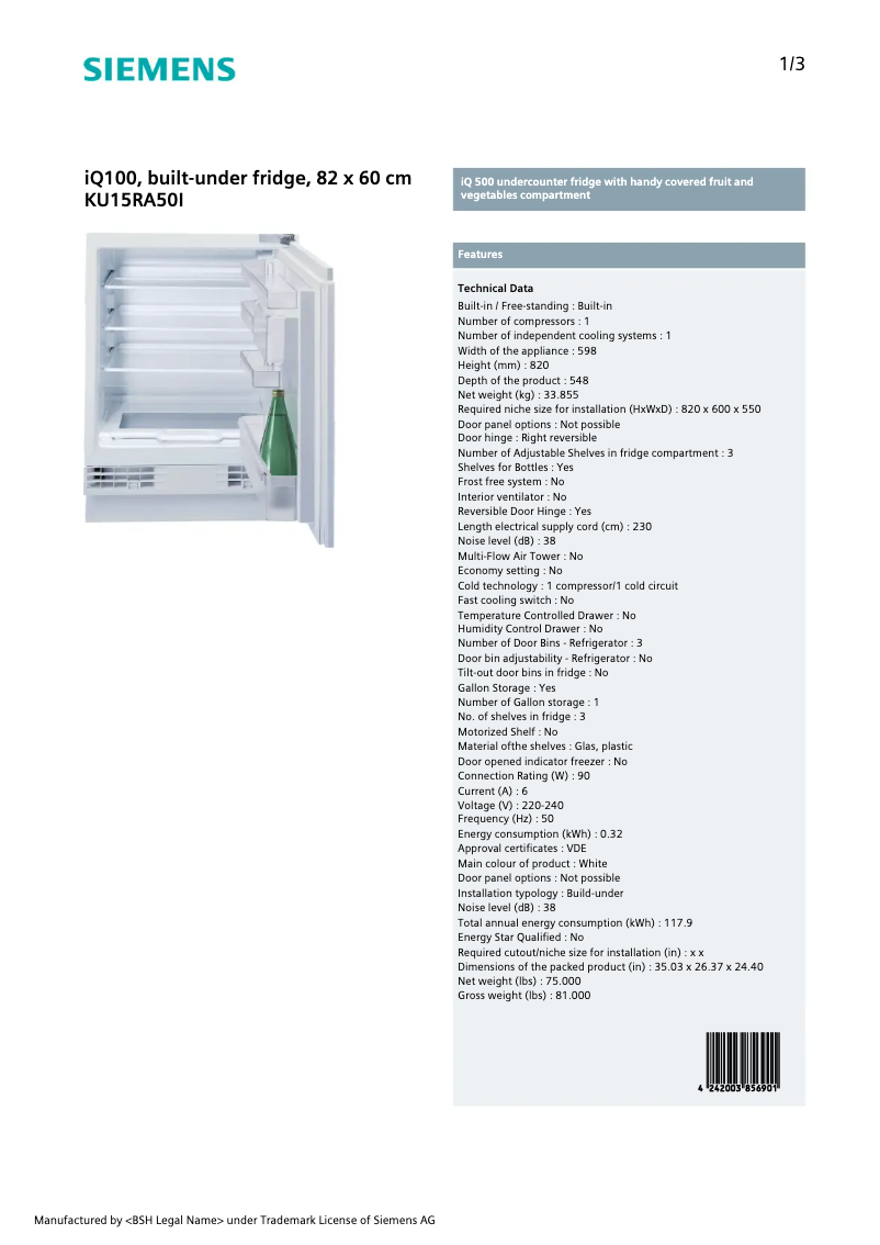 First page image of the manual for KU15RA50I